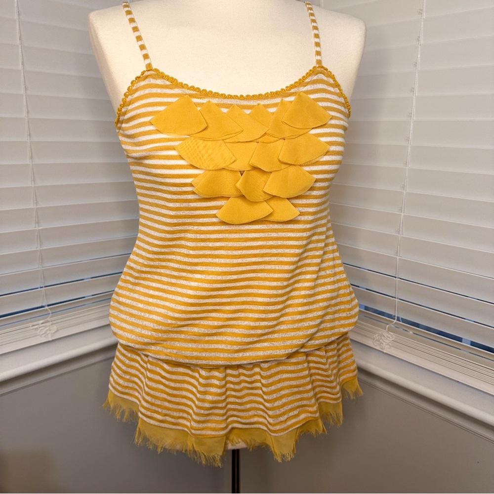 Y2K Mine Yellow & White Striped Ruffle Top | Size M